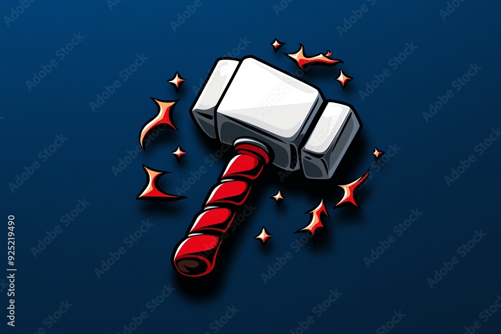 Poster a cartoon illustration of a white hammer with a red handle on a blue background. the hammer is surro