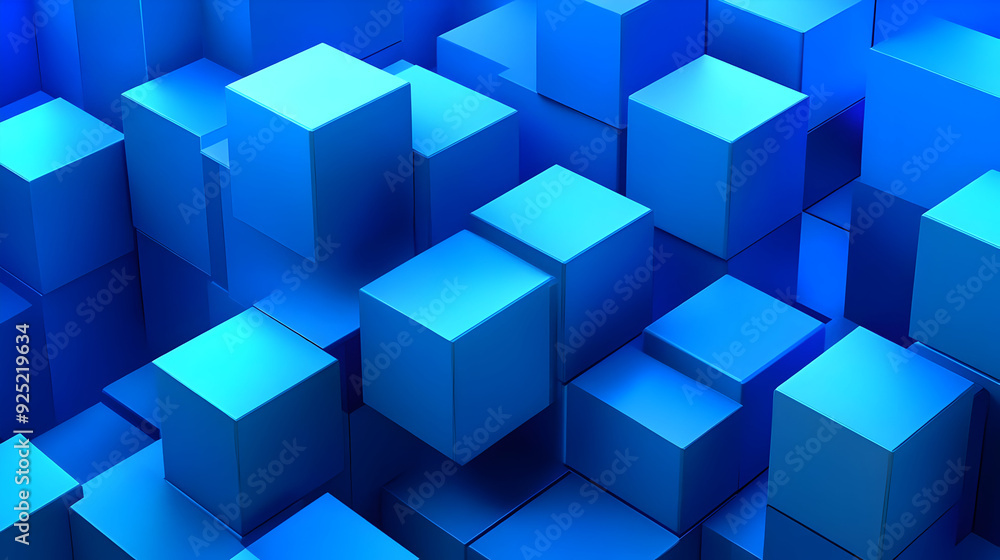 Poster a 3d arrangement of blue cubes creating a dynamic and abstract visual pattern.