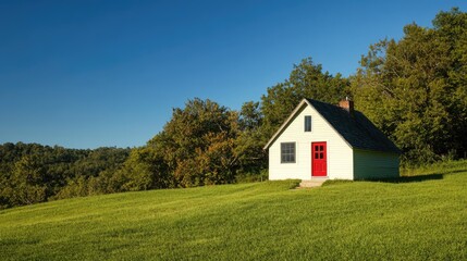 Obraz premium A quaint small house with a bright red door, nestled on a green hillside, with a clear blue sky above