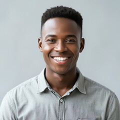 Obraz premium This headshot features a cheerful and striking young African man, showcasing a front portrait. He embodies the essence of a happy and appealing male entrepreneur, a leader in the startup scene, casual