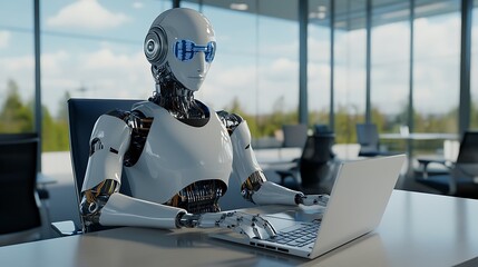 Fototapeta premium A humanoid robot with blue digital eyes sits at a desk in a modern office, working on a laptop.