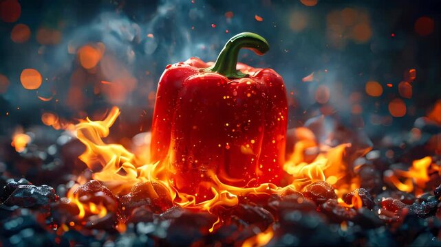 A red bell pepper resting on a pile of rocks with flames in the background, symbolizing heat and spice