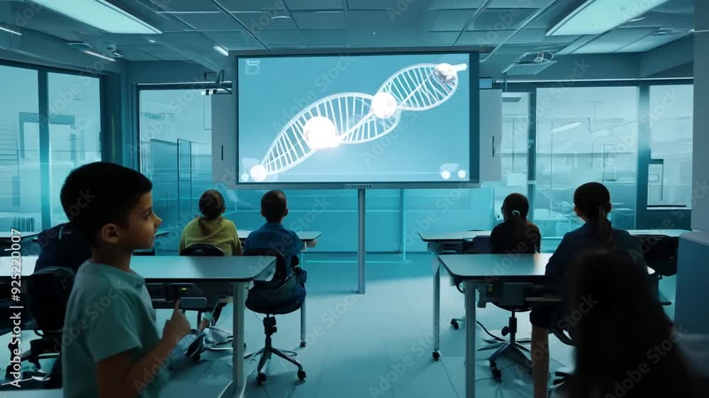 Poster futuristic classroom with augmented reality blackboard in use generative ai