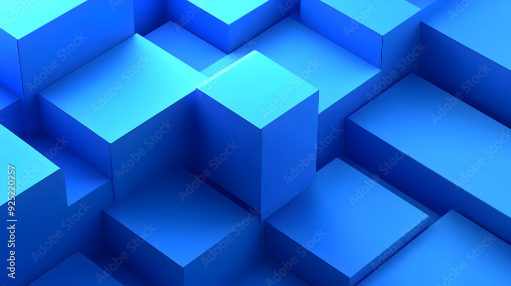 Poster a 3d arrangement of blue geometric shapes creating a modern abstract design.