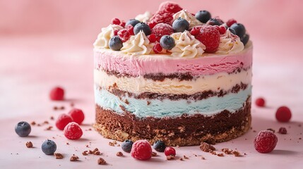 decadent ice cream cake combining layers of ice cream and cake, decorated with frosting and toppings, perfect for celebrating special occasions.