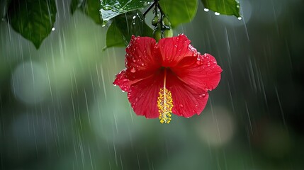 A red flower with a bright yellow center, hanging low under the weight of raindrops, against a blurred, rainy background