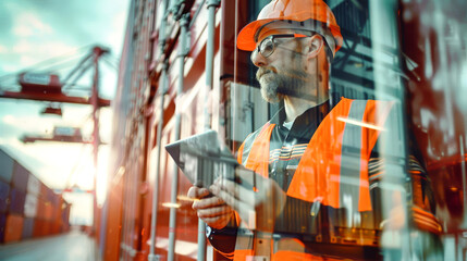 A dock worker in a safety vest reviews logistics data on a tablet, surrounded by stacked containers and vibrant sunset hues enhancing the scene