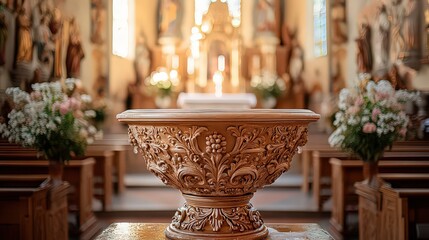 ornate baptismal font located in the church, filled with holy water and used for the sacrament of baptism, representing purification and rebirth