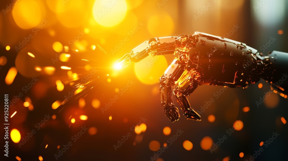 Poster a close-up of a robotic hand reaching for a bright spark, symbolizing innovation and the intersectio