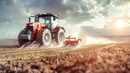 Fototapeta premium A powerful tractor labors through the field, kicking up dust while preparing the soil under a breathtaking sky at sunset