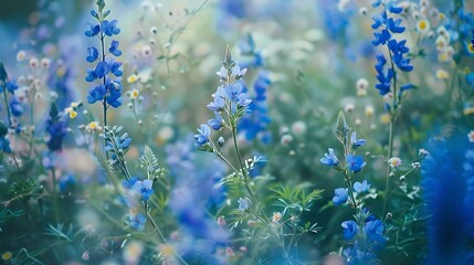 Blue the season green wildflowers growing in the garden