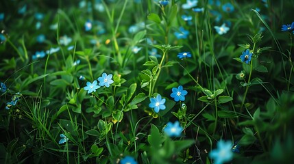Blue the season green wildflowers growing in the garden