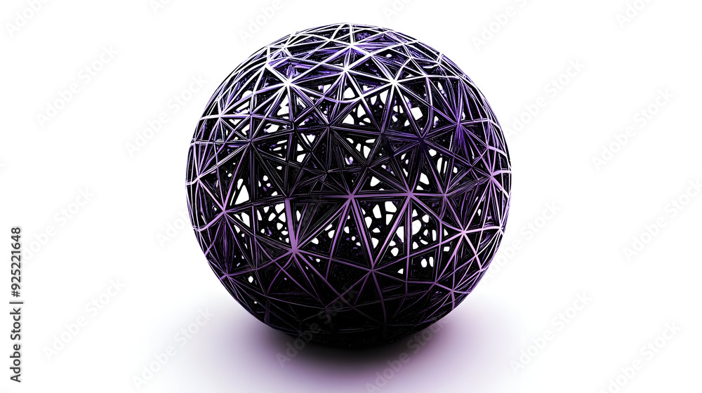 Poster a 3d geometric sphere composed of interconnected triangular patterns in purple hues.