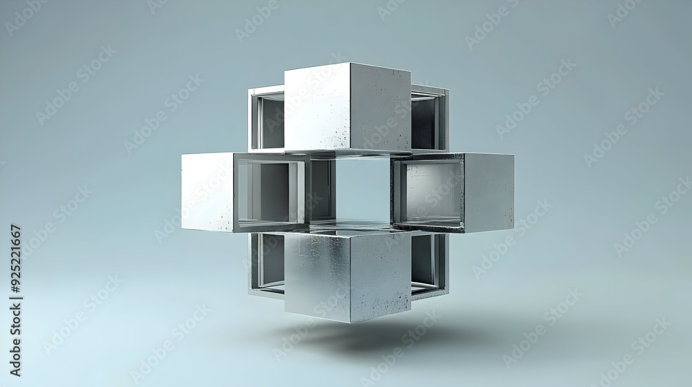 Poster a 3d geometric structure composed of metallic cubes arranged in a symmetrical design.