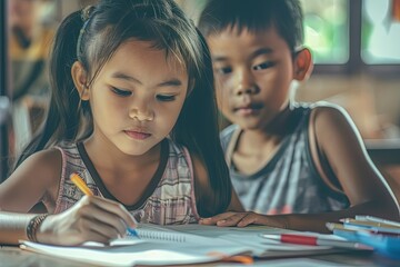 a couple of kids that are sitting at a table