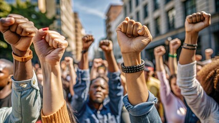 close up pride fists hands of crowd of people on street