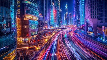 Fototapeta premium Night Lights of a Vibrant Metropolis: Long Exposure Photography