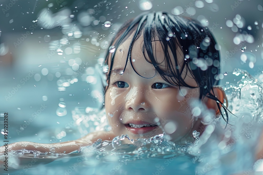 Wall mural a young child swimming in a pool of water