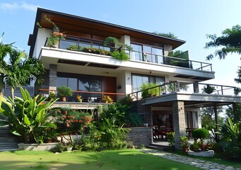Obraz premium Modern Two Story House with Stone and Wood Exterior