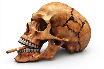 Fototapeta premium EVALI Dopamine addiction Anthropocene Carnivore diet Looks maxing True crime Dentally Lookah Piercing Mania Asmr skincare Rotten human jaw with cigarettes sticking out, placed against a pure white ba