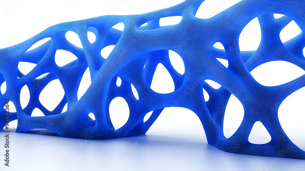 Poster a blue abstract structure resembling organic forms, showcasing intricate patterns and shapes.