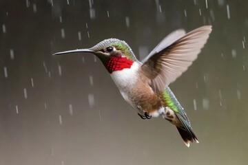 Obraz premium Hovering hummingbird in gentle rain, showcasing delicate wing movement