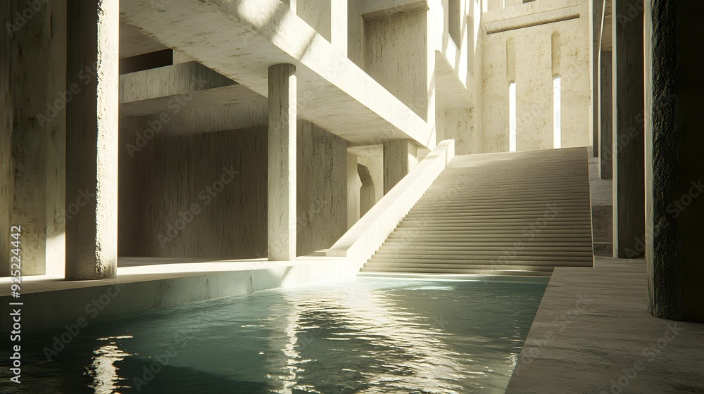 Poster minimalist concrete architecture with pool and staircase