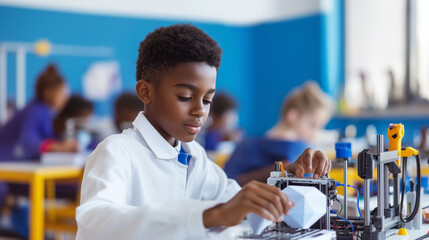 Student working on a science project with a 3D printer, in a modern classroom setting, emphasizing the role of advanced technology in education and hands-on learning, 3D printer, s
