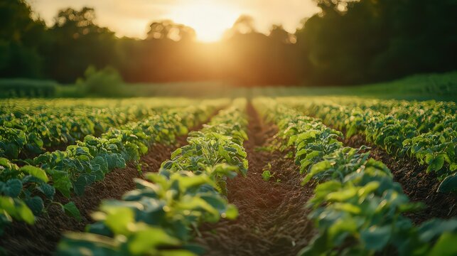 extensive organic farm with fields of crops grown without synthetic pesticides, emphasizing a commitment to environmental health and sustainable farming practices