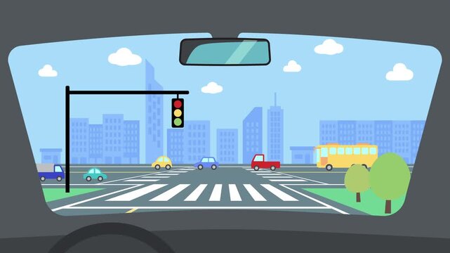 Vector animation of view of the road through the car front window at traffic junction