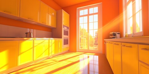 Modern Kitchen Design With Yellow Cabinets And Sunlight Streaming Through Window