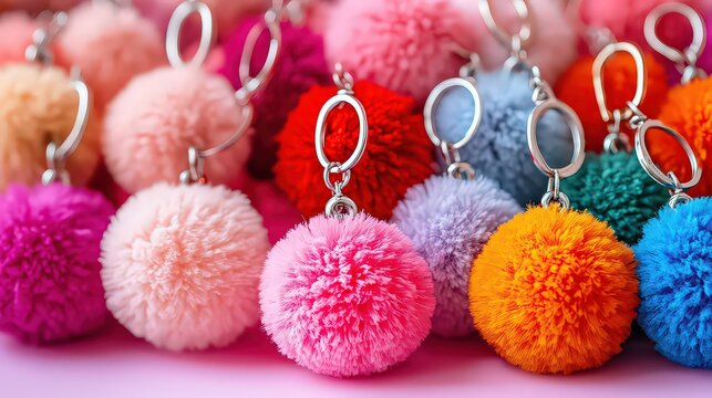 Fun pom-pom keychains featuring fluffy, colorful pom-poms attached to metal rings, making them a trendy and whimsical accessory for bags or keys.
