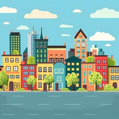 Obraz premium Colorful Cityscape with River and Buildings