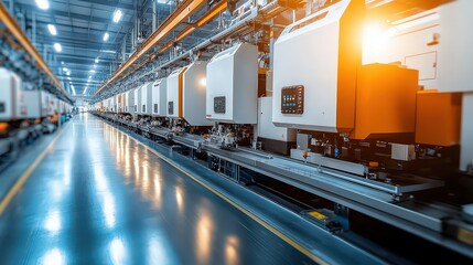 The interior of a modern factory with machines in operation, where workers oversee the manufacturing processes.