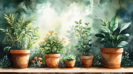 Watercolor potted plants in a serene garden - generative ai