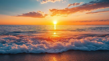 The sun rising over calm ocean waves, casting a warm glow on the water.