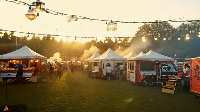 Vibrant Food Truck Area at a Summer Music Festival at Sunset Generative AI