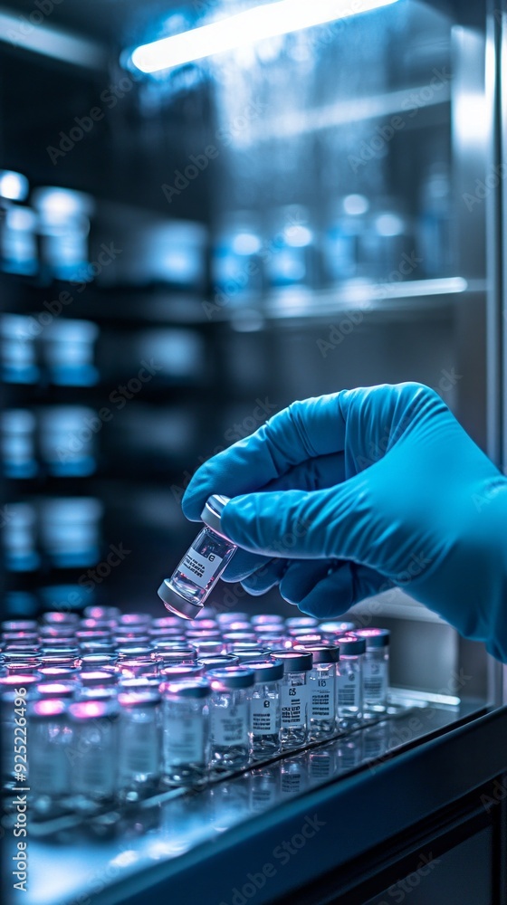 Poster A gloved hand reaches for a vial among neatly arranged containers, illuminated by soft blue lighting, creating a focused atmosphere in the lab