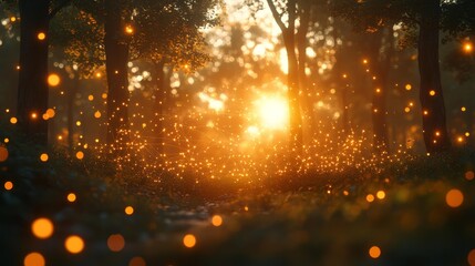 Magical forest with glowing lights at sunset - generative ai