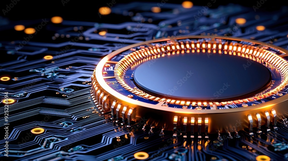 Poster close-up of a futuristic microchip on a circuit board, showcasing intricate patterns and glowing lig