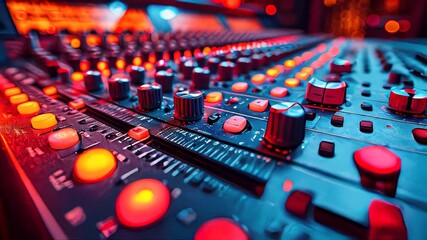A close-up of a music synthesizer keyboard with colorful bokeh lights in the background - Powered by Adobe