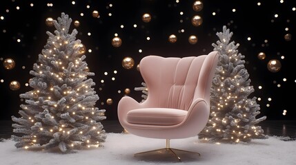 Pink Velvet Armchair with Christmas Trees and Lights
