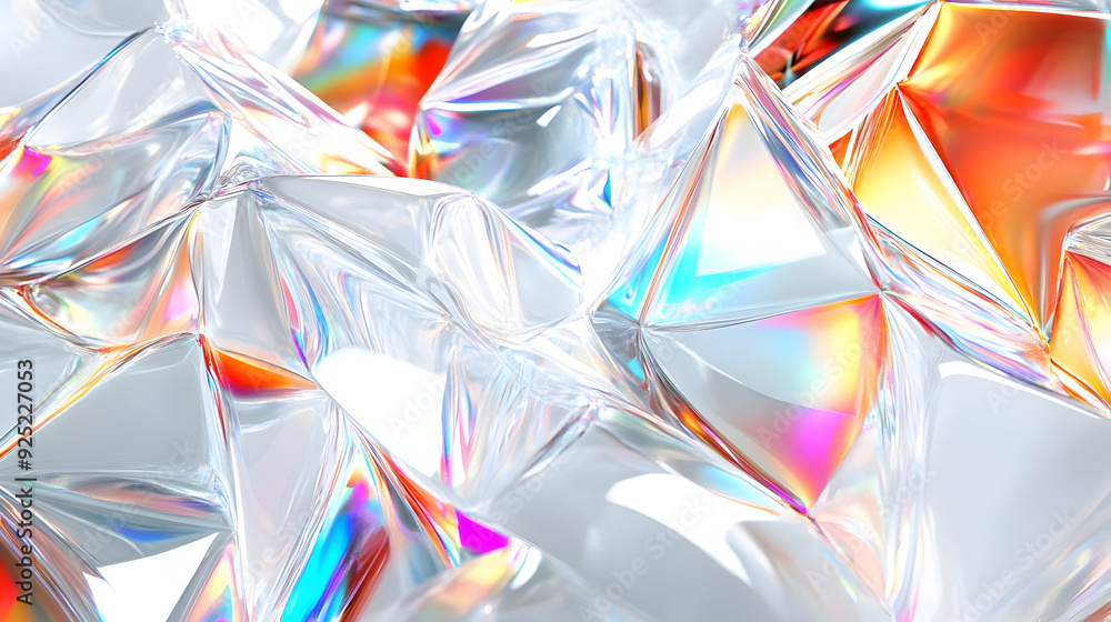 Poster a close-up of crystal-like structures reflecting light in various colors.
