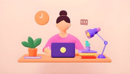 A woman at the desktop with a laptop. Freelancer or office worker. illustration in cartoon style