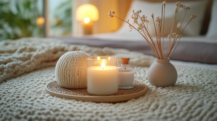 Cozy candlelit bedroom with soft textures and warm lighting - generative ai
