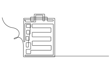 Clipboard with checklist and pen in one continuous line drawing. To do list with ticks and concept for test expertise and exam in simple linear style, Clipboard with checklist