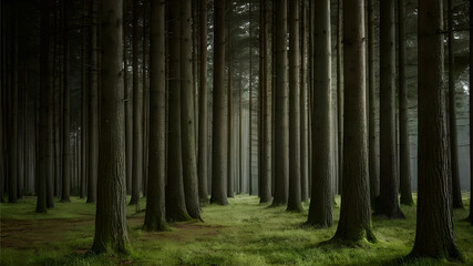 Naklejka premium A dense forest with towering green trees, sunlight filtering through the thick canopy.