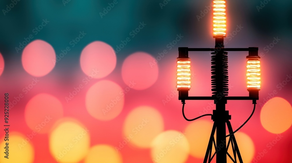 Poster a vibrant image featuring a lit tower against a blurred bokeh background, creating a captivating atm
