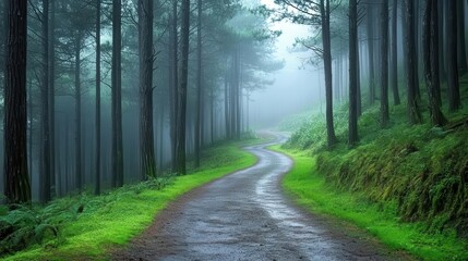 Obraz premium Foggy forest road surrounded by pine trees, eerie and atmospheric