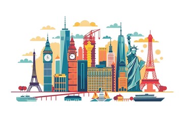Naklejka premium Famous Landmarks Skyline Illustration